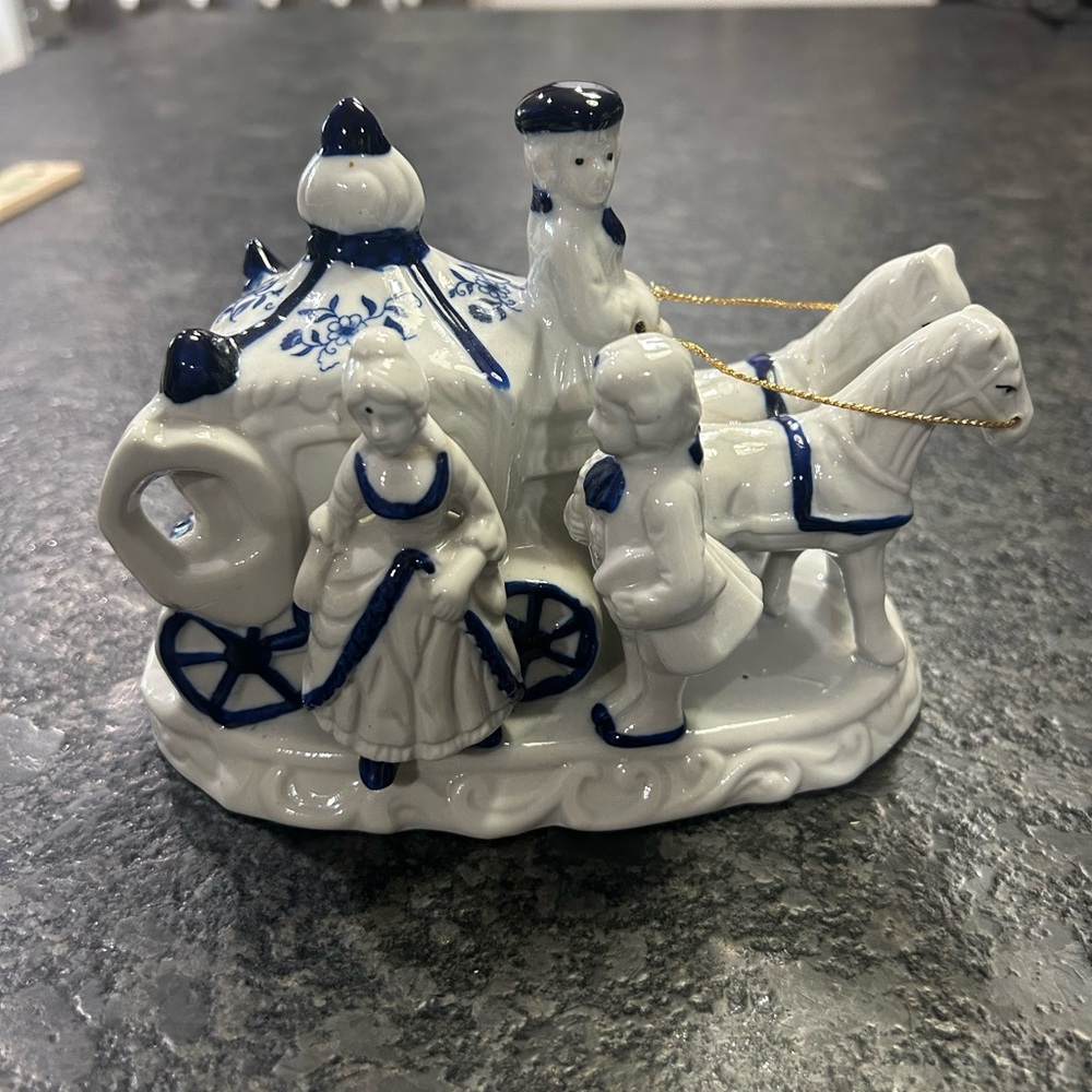 Blue and White Porcelain Horse-Drawn Carriage Figurine - Unbranded